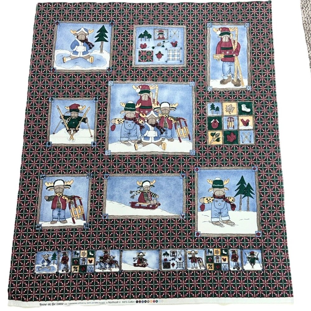 Vintage Northcott Moose on the Loose Fabric Panel 36x44 Winter Christmas Cotton